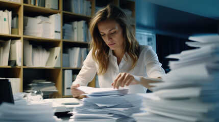 A worried woman doing financial planning surrounded by lots of paper.	
