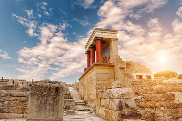 Palace of Minos, restored north entrance, ancient city of Knossos, Heraklion, Crete.