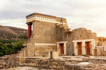 Palace of Minos, restored north entrance, ancient city of Knossos, Heraklion, Crete.