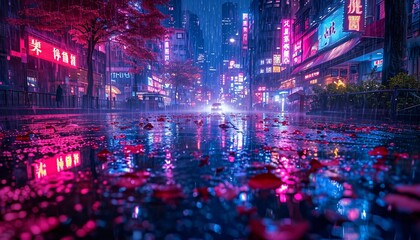 Naklejka premium Pink Neon Night: A Rainy Cityscape in October Generative AI