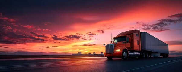 Semi truck in full motion transporting goods along highway. Picture of truck vital cog in wheel of commerce and logistics. Inclusion of sunset and sky dimension of time and natural beauty
