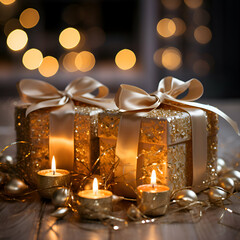 Christmas gift box with golden bow and candles on bokeh background