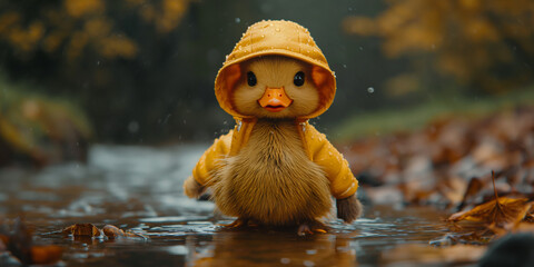 Süße Ente mit Regenschirm und Regenkleidung im Regen schaut traurig als Cartoons, ai generativ - obrazy, fototapety, plakaty