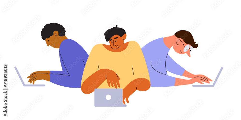 Poster group of men work, coding or play game together on laptop. development team, people launch startup, 