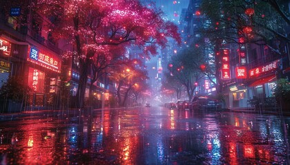 Rainy Night in the City: A Pinkish Glow from the Neon Signs Generative AI