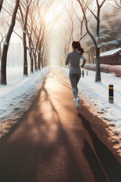 Running woman. Runner on the snow in winter sunny day.