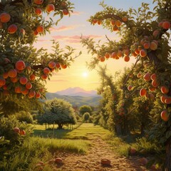 A picturesque peach orchard in the late afternoon, with the warm glow of the sun highlighting the ripe peaches hanging from the branches.