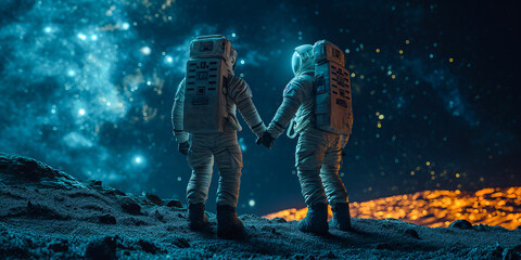 Two astronauts holding hands contemplate the stars from the moon