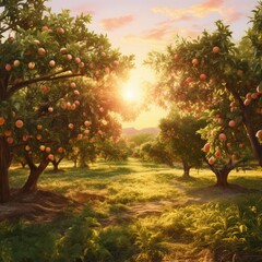 A picturesque peach orchard in the late afternoon, with the warm glow of the sun highlighting the ripe peaches hanging from the branches.