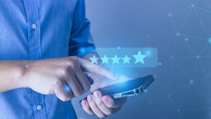 Customer review satisfaction feedback survey icon concept, User gives rating 5 star to service...