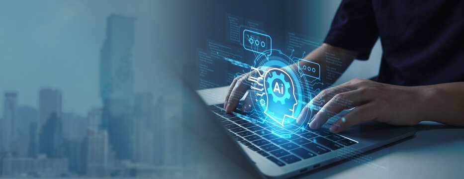 Chatbot with AI (Artificial Intelligence).Businessman and IT team, Humanoid support center, Futuristic worker, Work at call center.