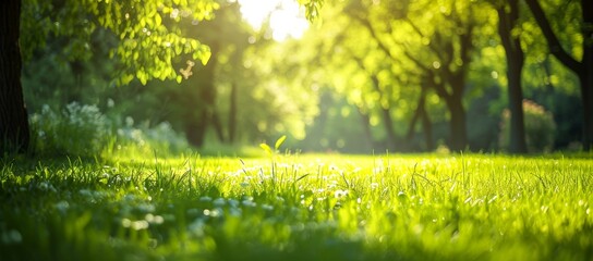 Amidst a sea of vibrant green grass, towering trees bask in the warm sunlight, creating a tranquil spring landscape filled with the promise of new growth and delicate flowers