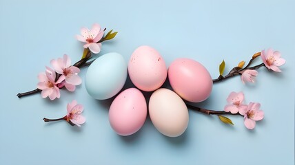 Easter Eggs And  Cherry Flowers on Blue Backround.Generative AI