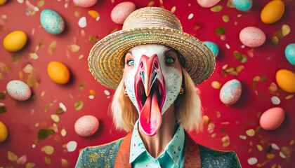 Obraz premium frau, spaß, huhn, vogel, gesicht, surreal, henne, ostereier, ostern, ei, bunt, karte, gestalten, frohe, entwerfen, rot, hut, copy space, hintergrund, modern, neu 