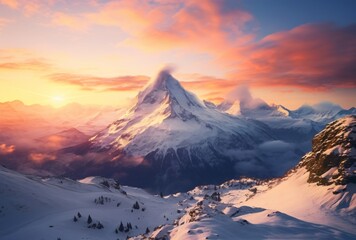 Naklejka premium sun rising over an alpine mountain range with clouds in the sky