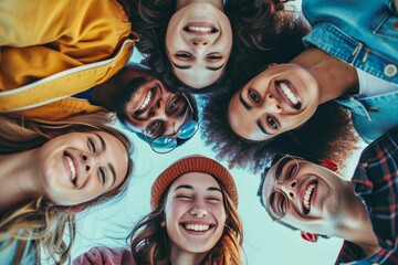 A group of friends, all wearing bright clothing and flashing toothy smiles, laugh and bond over shared experiences, showcasing the joy and camaraderie of youth and the power of friendship - obrazy, fototapety, plakaty