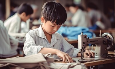 A Young Boy Learning the Art of Sewing