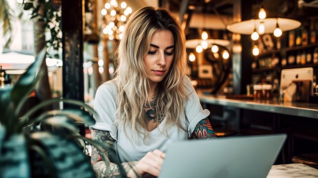 A focused woman with intricate tattoos on her arm sits indoors, her piercing gaze fixed on the screen of her laptop as she works intently