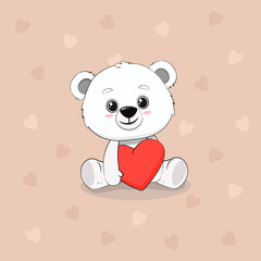 teddy bear with heart. Cute cartoon polar bear isolated on background with hearts. Postcard for Valentine's Day.