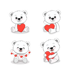 set of cute cartoon polar bear cub with a heart for your design. Valentine's day card. Mothers day. 