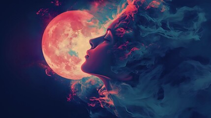 abstraction of a woman’s face against the backdrop of the full moon, astrological forecast, concept of the influence of the moon on a person