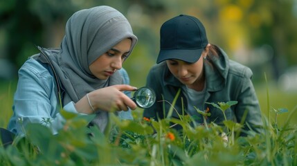 Naklejka na ściany i meble Two friends, one wearing a hijab and the other sporting a baseball cap, both looking at a bug on a leaf through a magnifying glass in the park.