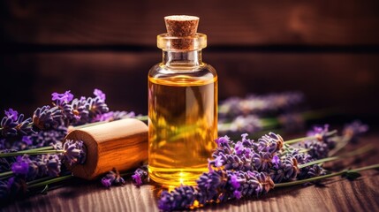 Obraz na płótnie Canvas Essential Aromatic oil and lavender flowers, natural remedies, aromatherapy, beauty treatment items for spa procedures