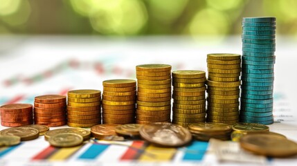 Stacks of gold coins arranged on a business document, symbolize financial wealth, investment, and the world of business and banking.