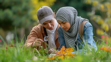 Two friends, one wearing a hijab and the other sporting a baseball cap, both looking at a bug on a leaf through a magnifying glass in the park.
