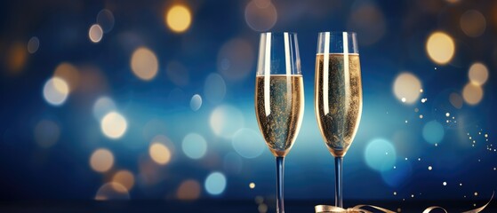 Two champagne glasses on blue and gold glow particle abstract bokeh background