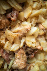 fried meat and potato, indoor vertical closeup shot