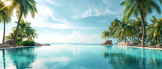 Tranquil Tropical Paradise: Infinity Pool Overlooking Serene Ocean with Lush Palm Trees and Sunlit Sky
