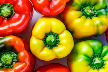 Colorful bell peppers.Close up of assorted red and yellow bell peppers(bell pepper,capcicum). Also known as Sweet pepper, Pepper or Capsicum.top view