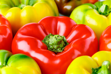 Colorful bell peppers.Close up of assorted red and yellow bell peppers(bell pepper,capcicum). Also known as Sweet pepper, Pepper or Capsicum.top view