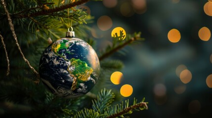 Planet Earth in form of Christmas ball. View from space to earth. Christmas tree decoration over the world