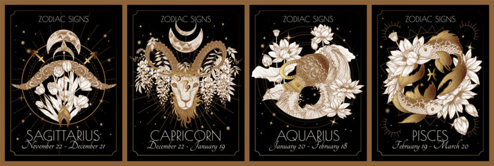 Vector set of the 4 second zodiac signs in flowers. Gold on a black background. Sagittarius, Capricorn, Aquarius, Pisces - obrazy, fototapety, plakaty