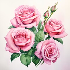 four pink roses were painted on a white background in watercolor