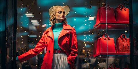 Elegant mannequin in red coat displaying luxury bags. fashion storefront at night. perfect for boutiques. AI