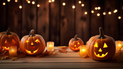Spooky Smiling Jack-o'-Lantern: Traditional Autumn Decoration with Evil Carved Face, Glowing Wooden Candle, and Background of Dark Horrifying Night.