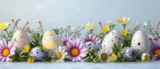 Easter composition with Painted Easter eggs and spring flowers against a bright blue backdrop, line composition. Easter card with copy space