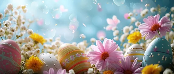 Rollo Easter composition with Painted Easter eggs and spring flowers appear flying or suspended in mid-air against a bright blue backdrop, line composition. Easter card with copy space © petrrgoskov