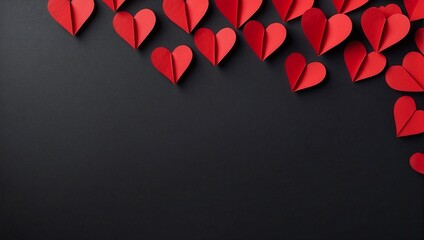 Top view of red paper hearts on a blank black background, copy space