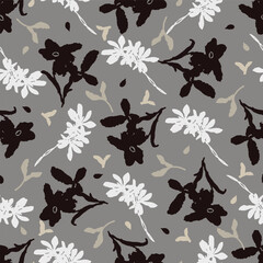 Masculine vector floral pattern with organic botanical shapes. Modern bold black white flower print, design in neutral scandi style.