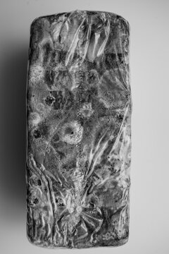 Monochrome image capturing a bread in plastic foil, heavily covered with fungus mold. A stark reminder of the perishability of food products