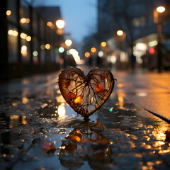 Heart shaped glass on the city street at night. Love concept.