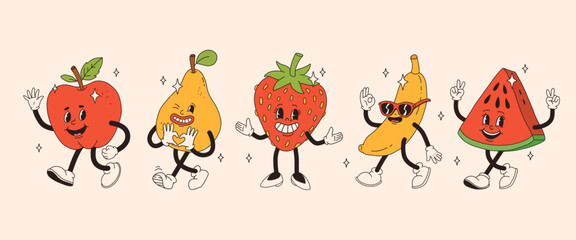 Retro groovy fruit characters. Funky cartoon mascot of apple pear strawberry banana watermelon with happy smile face, hands and feet. Vintage summer vector illustration. Fruits juicy sticker pack. - obrazy, fototapety, plakaty