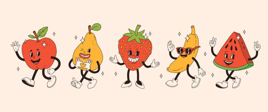 Retro groovy fruit characters. Funky cartoon mascot of apple pear strawberry banana watermelon with happy smile face, hands and feet. Vintage summer vector illustration. Fruits juicy sticker pack.