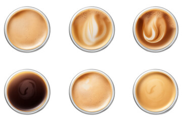 Top View of realistic coffee cup PNG - cups of hot aromatic espresso coffee isolated on white and transparent background - coffee shop drinks advertising concept - coffee shop banner