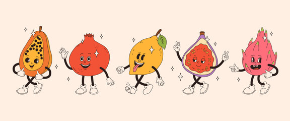 Retro groovy fruit characters. Funky cartoon mascot of papaya pomegranate lemon fig dragon fruit with happy smile face, hands and feet. Vintage summer vector illustration. Fruits juicy sticker pack.