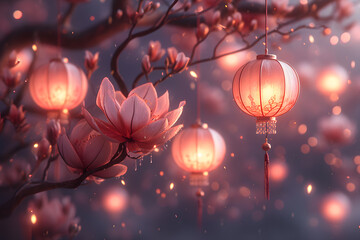 Fototapeta premium Magical Lanterns Amongst Blooming Magnolias